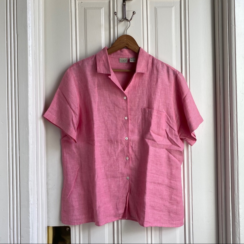 L.L. Bean Pink Linen Short Sleeve Button Down